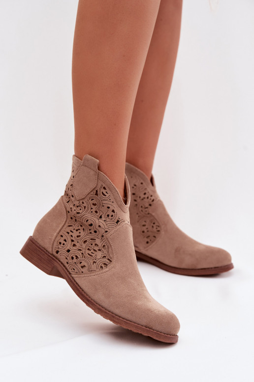 Ažūriniai moteriški aulinukai su plačiais kulniukais S.Barski HY61-8026 smėlio spalvos