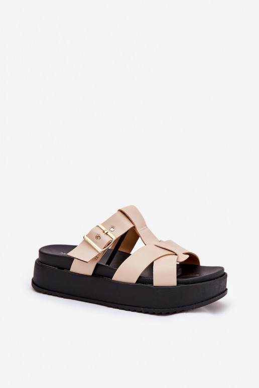 Moteriškos šlepetės su platforma su juostelėmis I su sagtimis smėlio spalvos Elimessa