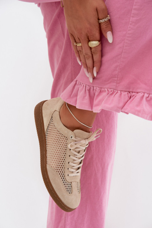 Oda iš zomšos Sneakers modelio batai Moteriškas su tinkleliu Zazoo N1142 smėlio spalvos