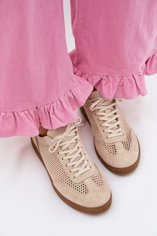 Oda iš zomšos Sneakers modelio batai Moteriškas su tinkleliu Zazoo N1142 smėlio spalvos