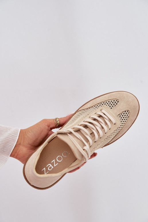 Oda iš zomšos Sneakers modelio batai Moteriškas su tinkleliu Zazoo N1142 smėlio spalvos