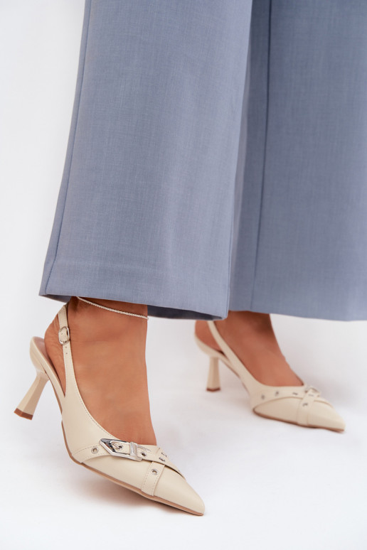 Moteriškos basutės su plonais kulniukais su juostelėmis I su sagtimis smėlio spalvos Parina