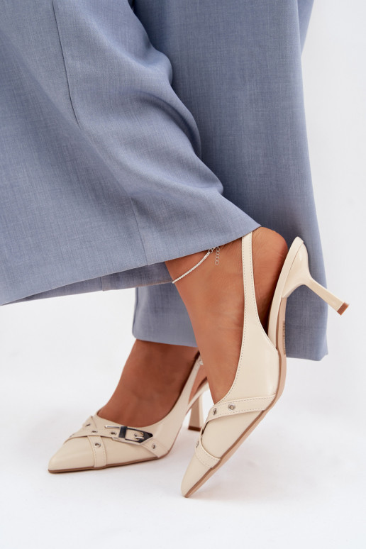 Moteriškos basutės su plonais kulniukais su juostelėmis I su sagtimis smėlio spalvos Parina