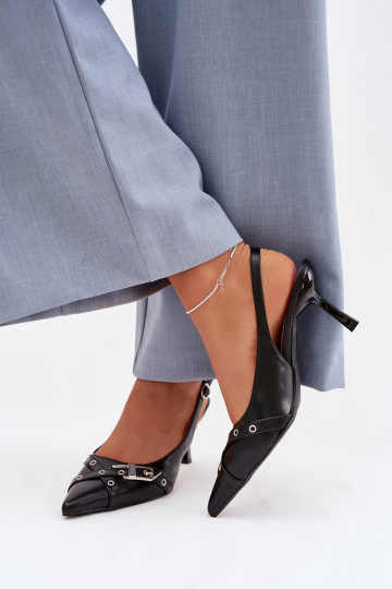 Moteriškos basutės su plonais kulniukais su juostelėmis I su sagtimis juodos spalvos Parina 2