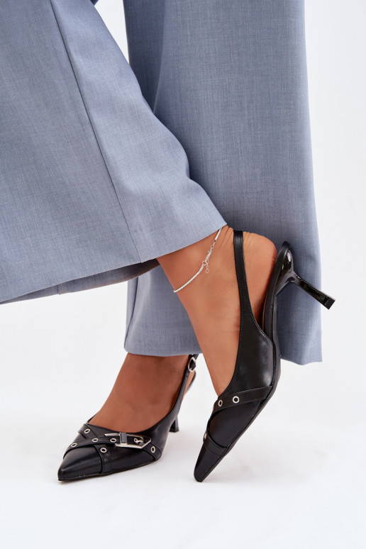 Moteriškos basutės su plonais kulniukais su juostelėmis I su sagtimis juodos spalvos Parina