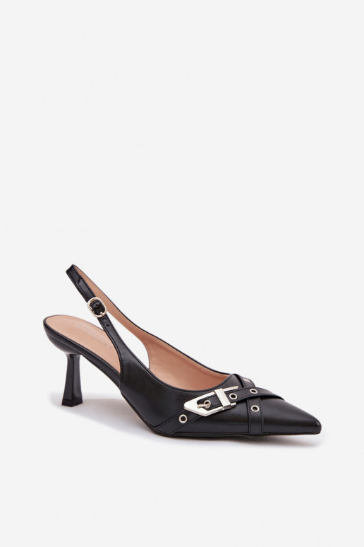 Moteriškos basutės su plonais kulniukais su juostelėmis I su sagtimis juodos spalvos Parina