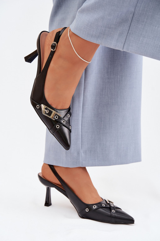 Moteriškos basutės su plonais kulniukais su juostelėmis I su sagtimis juodos spalvos Parina