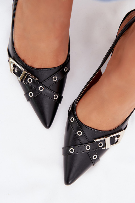 Moteriškos basutės su plonais kulniukais su juostelėmis I su sagtimis juodos spalvos Parina