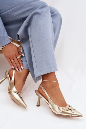 Moteriškos basutės su plonais kulniukais su juostelėmis I su sagtimis aukso spalvos Parina