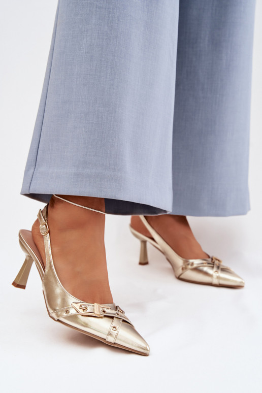 Moteriškos basutės su plonais kulniukais su juostelėmis I su sagtimis aukso spalvos Parina