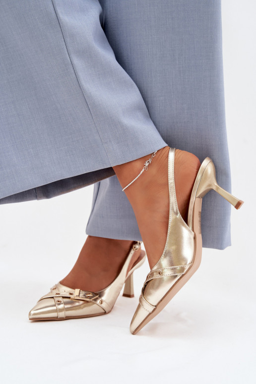 Moteriškos basutės su plonais kulniukais su juostelėmis I su sagtimis aukso spalvos Parina