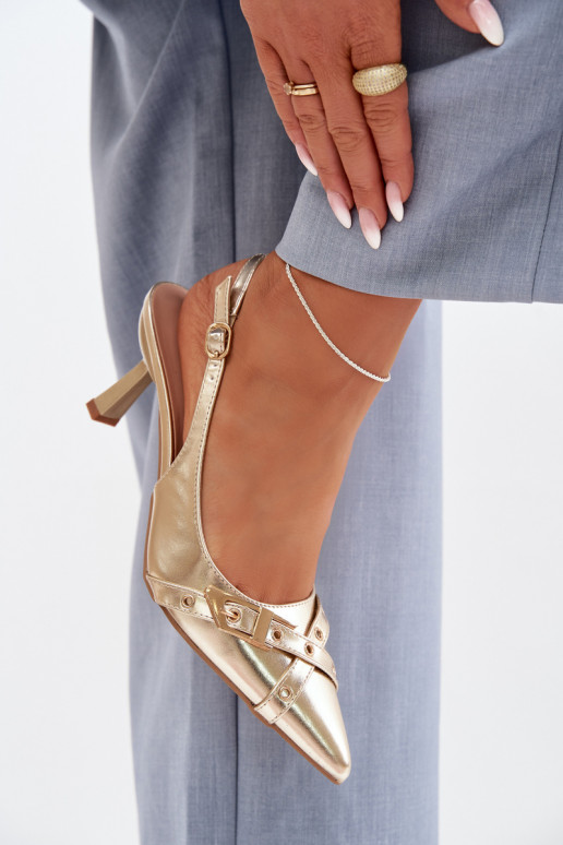 Moteriškos basutės su plonais kulniukais su juostelėmis I su sagtimis aukso spalvos Parina