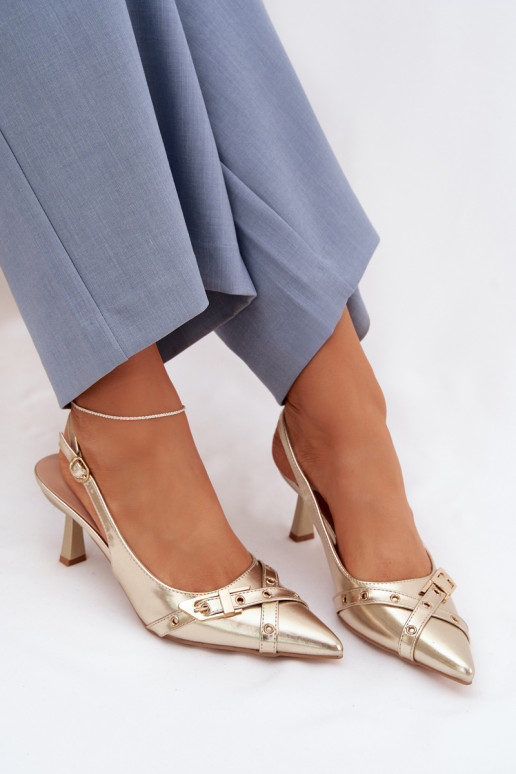 Moteriškos basutės su plonais kulniukais su juostelėmis I su sagtimis aukso spalvos Parina