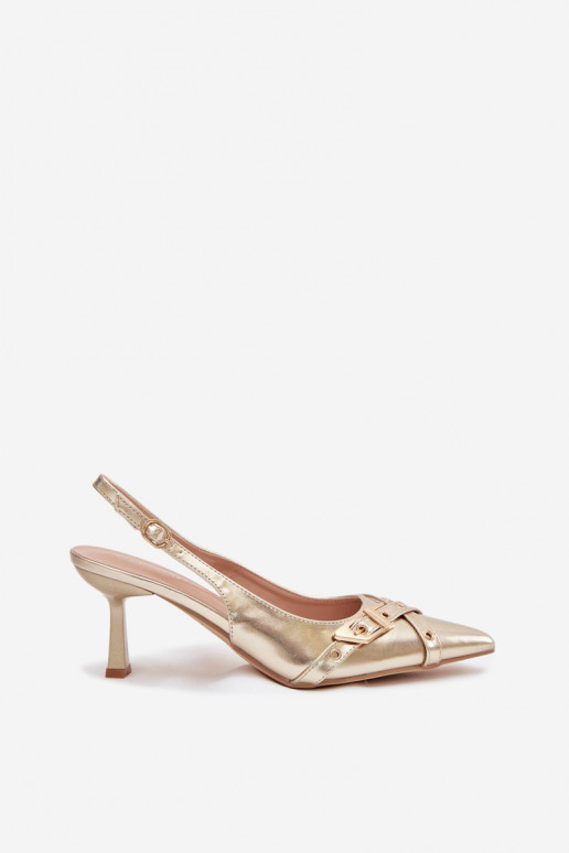 Moteriškos basutės su plonais kulniukais su juostelėmis I su sagtimis aukso spalvos Parina