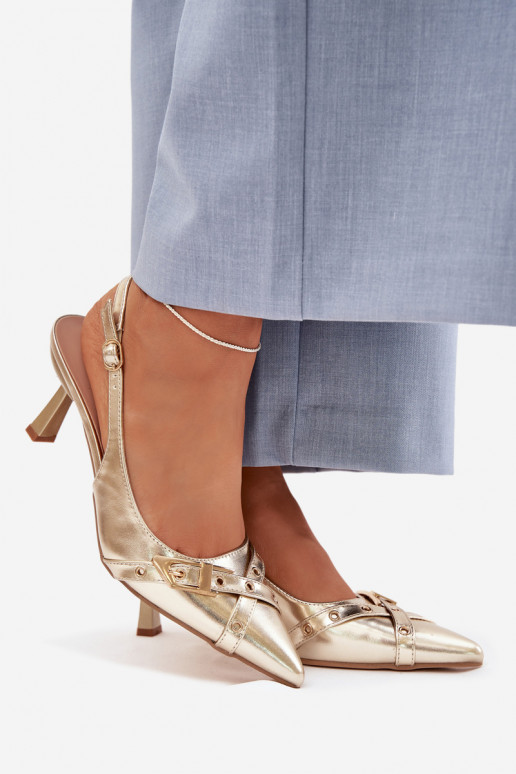 Moteriškos basutės su plonais kulniukais su juostelėmis I su sagtimis aukso spalvos Parina