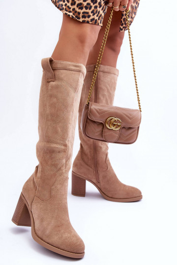 iš zomšos moteriški ilgaauliai batai su kulniukais smėlio spalvos Khabira 2