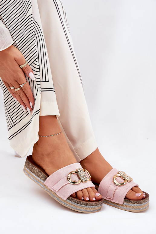 Moteriškos šlepetės su platforma su blizgesiu I Złotą Ozdobą rožinės spalvos Rilirea