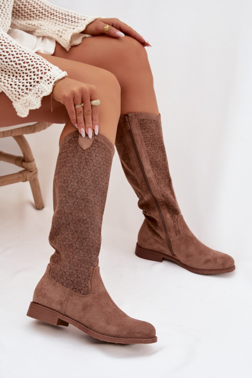 moteriški ilgaauliai batai su ažūro elementais su plačiais kulniukais S.Barski HY61-8022 rudos spalvos