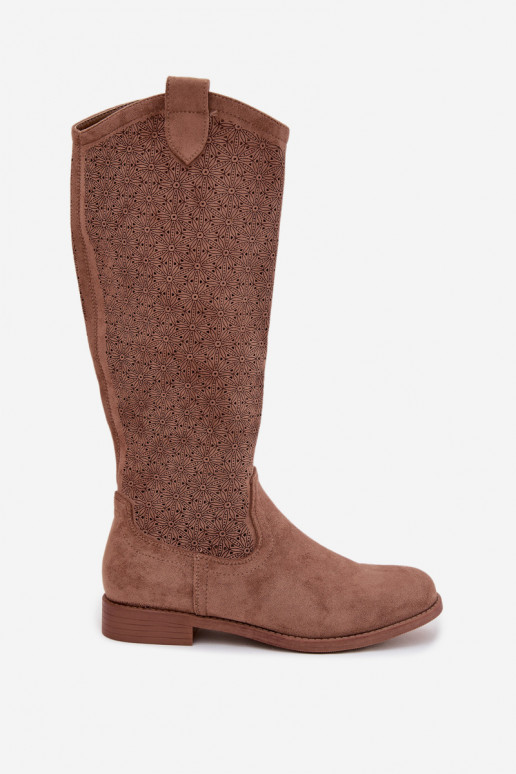 moteriški ilgaauliai batai su ažūro elementais su plačiais kulniukais S.Barski HY61-8022 rudos spalvos