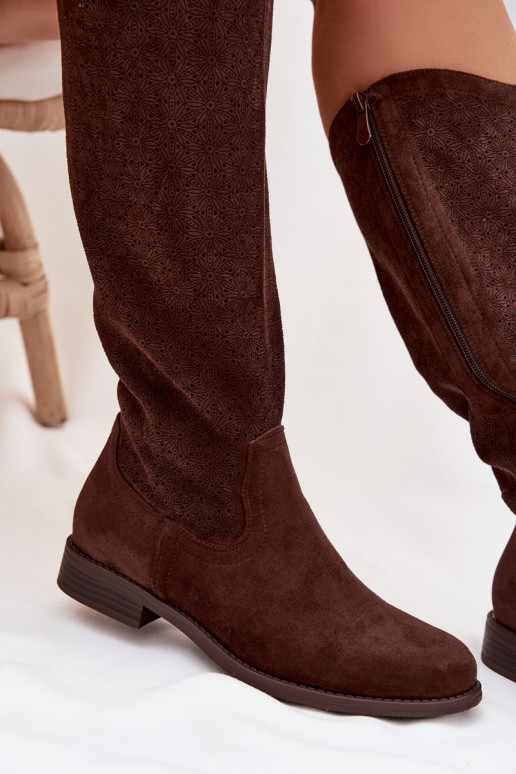 moteriški ilgaauliai batai su ažūro elementais su plačiais kulniukais S.Barski HY61-8022 CzekoladoĮe