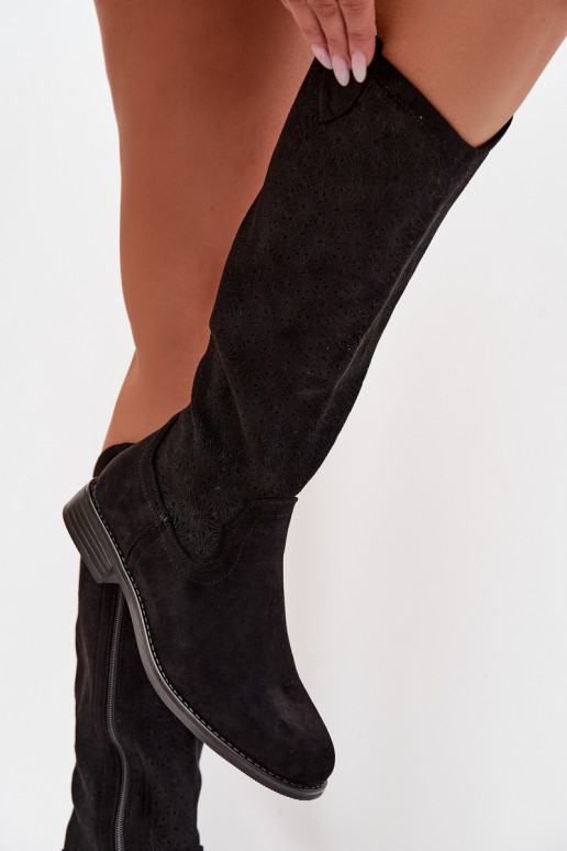 moteriški ilgaauliai batai su ažūro elementais su plačiais kulniukais S.Barski HY61-8022 juodos spalvos