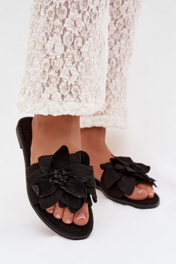 lygiapadžiai Moteriškos šlepetės Su puošniaisi su gėlių motyvaisami juodos spalvos Elzoria 2