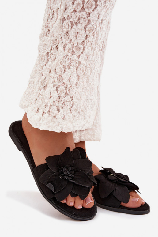 lygiapadžiai Moteriškos šlepetės Su puošniaisi su gėlių motyvaisami juodos spalvos Elzoria