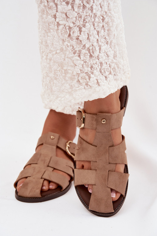 Moteriškos šlepetės su plačiais kulniukais su juostelėmis I Złotą su sagtimis smėlio spalvos Elzora