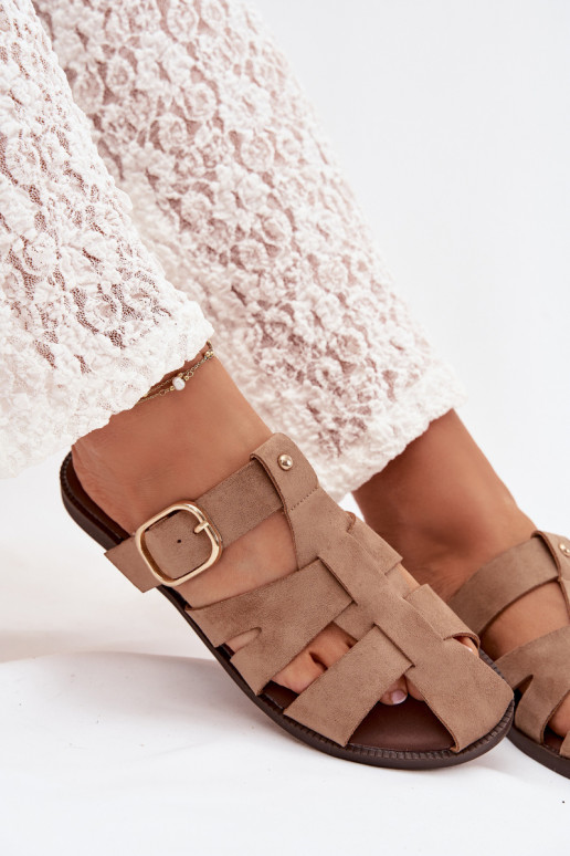 Moteriškos šlepetės su plačiais kulniukais su juostelėmis I Złotą su sagtimis smėlio spalvos Elzora