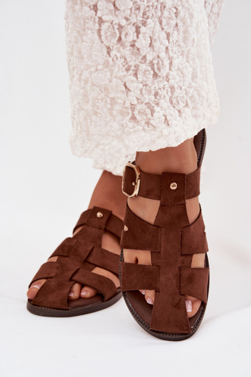 Moteriškos šlepetės su plačiais kulniukais su juostelėmis I Złotą su sagtimis rudos spalvos Elzora