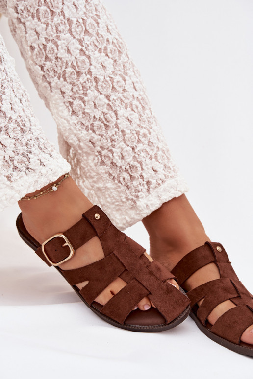 Moteriškos šlepetės su plačiais kulniukais su juostelėmis I Złotą su sagtimis rudos spalvos Elzora