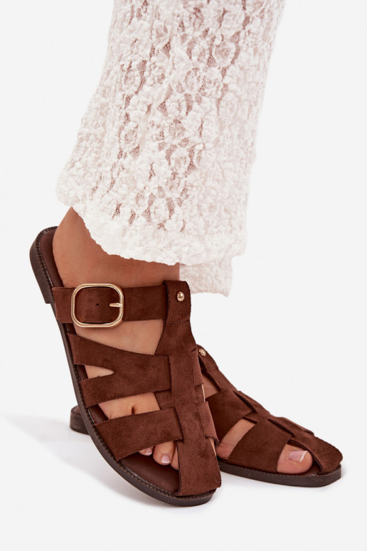 Moteriškos šlepetės su plačiais kulniukais su juostelėmis I Złotą su sagtimis rudos spalvos Elzora