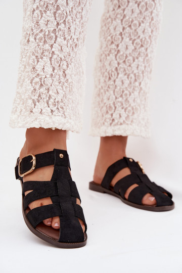 Moteriškos šlepetės su plačiais kulniukais su juostelėmis I Złotą su sagtimis juodos spalvos Elzora 2