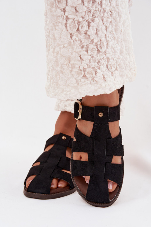 Moteriškos šlepetės su plačiais kulniukais su juostelėmis I Złotą su sagtimis juodos spalvos Elzora