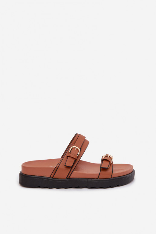 Moteriškos šlepetės su platforma su juostelėmis I aukso spalvosmi su sagtimismi rudos spalvos Rirea