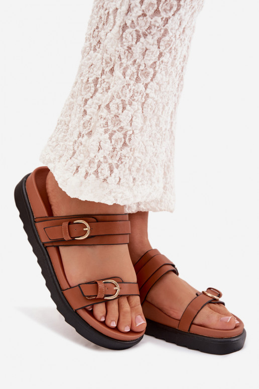 Moteriškos šlepetės su platforma su juostelėmis I aukso spalvosmi su sagtimismi rudos spalvos Rirea