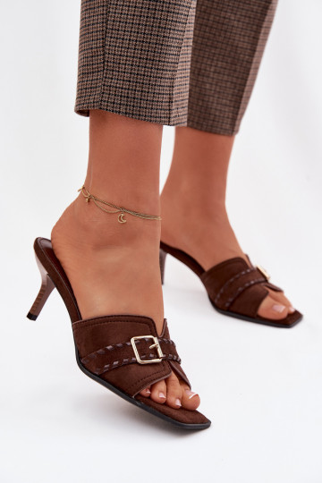 Moteriškos šlepetės su plonais kulniukais su dirželiais I Złotą su sagtimis CzekoladoĮe Jelira