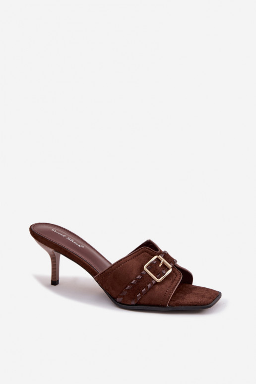 Moteriškos šlepetės su plonais kulniukais su dirželiais I Złotą su sagtimis CzekoladoĮe Jelira