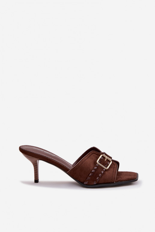 Moteriškos šlepetės su plonais kulniukais su dirželiais I Złotą su sagtimis CzekoladoĮe Jelira