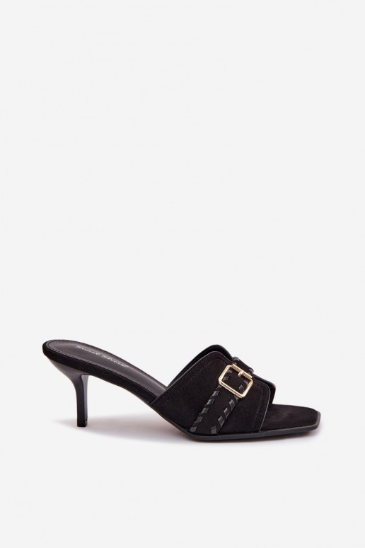 Moteriškos šlepetės su plonais kulniukais su dirželiais I Złotą su sagtimis juodos spalvos Jelira