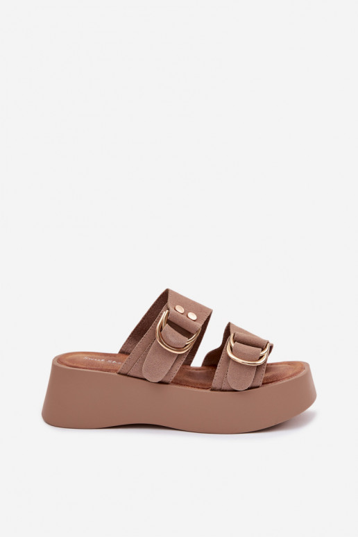 Moteriškos šlepetės su platforma Ze aukso spalvosmi su sagtimismi smėlio spalvos Nelirae