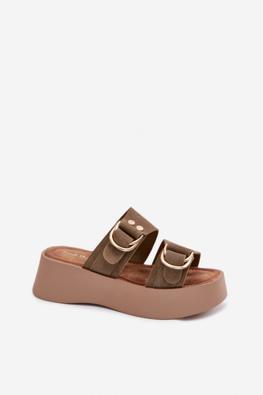 Moteriškos šlepetės su platforma Ze aukso spalvosmi su sagtimismi žalios spalvos Nelirae