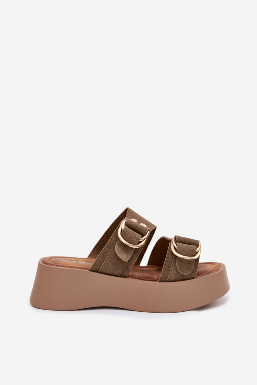 Moteriškos šlepetės su platforma Ze aukso spalvosmi su sagtimismi žalios spalvos Nelirae