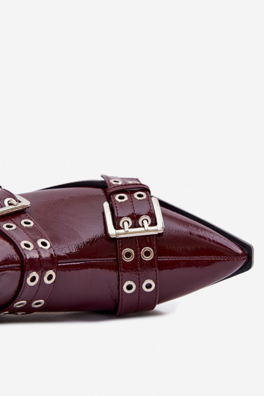 su lako efektu Moteriški aulinukai su plačiais kulniukais su juostelėmis I su sagtimismi bordo spalvos Hamira