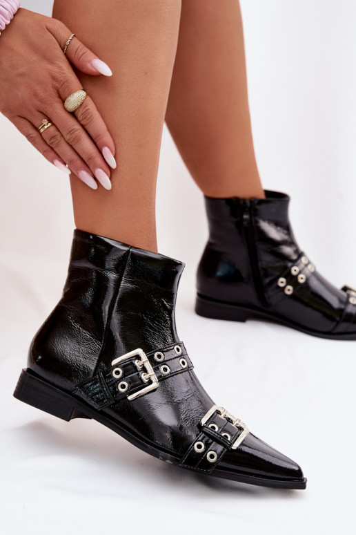 su lako efektu Moteriški aulinukai su plačiais kulniukais su juostelėmis I su sagtimismi juodos spalvos Hamira