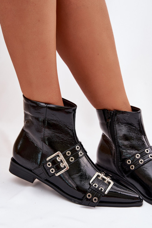 su lako efektu Moteriški aulinukai su plačiais kulniukais su juostelėmis I su sagtimismi juodos spalvos Hamira