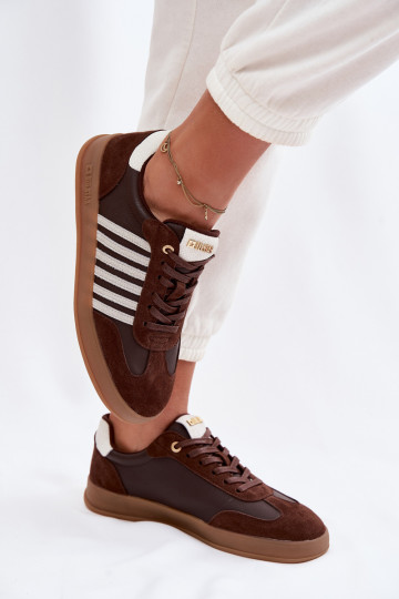Moteriškas sneakers modelio batai iš natūralios odos ir zomšo Big Star TT274715 šokolado spalvos