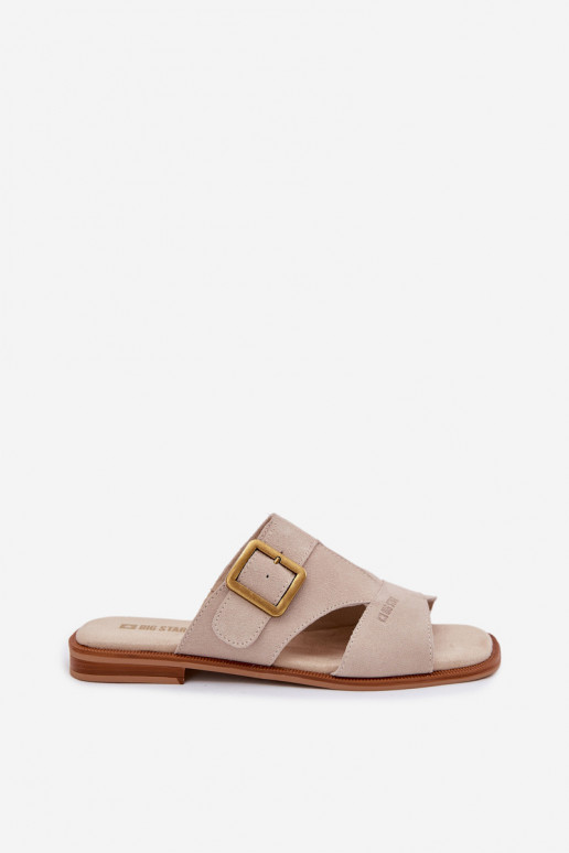 Moteriškos zomšinės šlepetės su plačiais kulniukais su sagtimis Big Star TT274476 smėlio spalvos