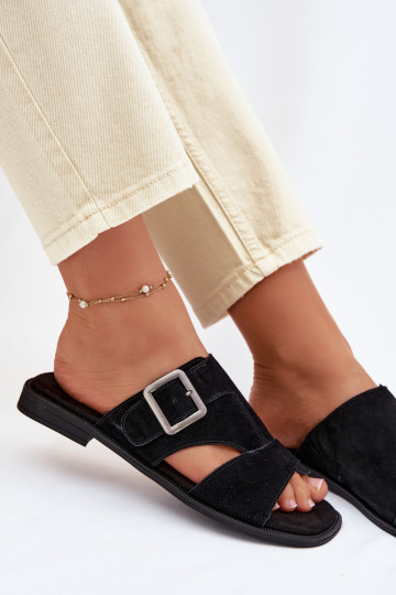 Moteriškos zomšinės šlepetės su plačiais kulniukais su sagtimis Big Star TT274477 juodos spalvos