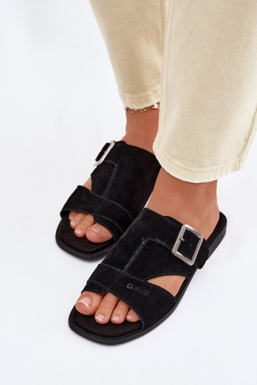 Moteriškos zomšinės šlepetės su plačiais kulniukais su sagtimis Big Star TT274477 juodos spalvos